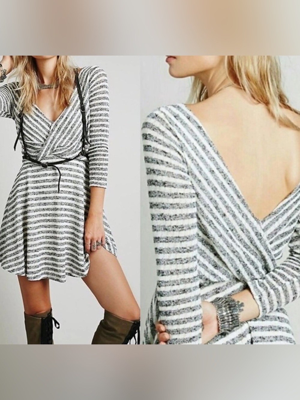 FREE PEOPLE Maverick Striped Knit Cross Flare Dress XS V-Neck Wrap Back